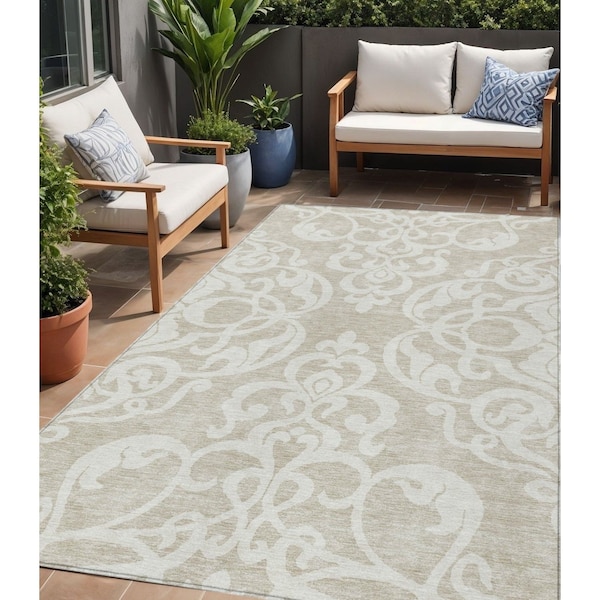 Homeroots 5' X 8' Beige And Ivory Damask Washable Indoor Outdoor Area Rug 614402 - main