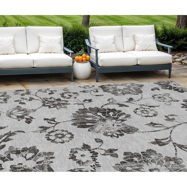 Homeroots 8' X 10' Gray Charcoal And Silver Floral Washable Indoor Outdoor Area Rug 589473 - main