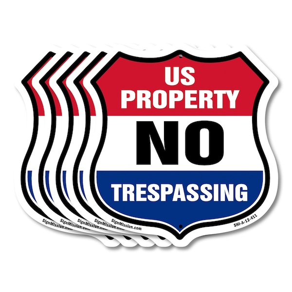 Signmission No Trespassing Shield Sign U.S. Property, 12 inch X 12 inch, Aluminum Metal Sign, 5PK SHI-A-5Pack-12-411 - main