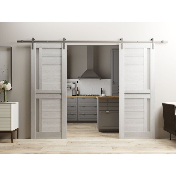 Sartodoors Sturdy Dbl Barn Door 72 x 84in W/, Light Grey Oak W/ Frosted Glass, SS 13FT Rail Hangers Heavy Set VEREGIO7288DB-S-OAK-7284 - main