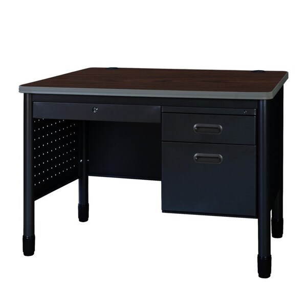 Regency Steel Single Pedestal Teacher's Office Desk, Center Drawer 48inx30in - Neo Walnut Top, Black Base 66348SPCDNWBK - main
