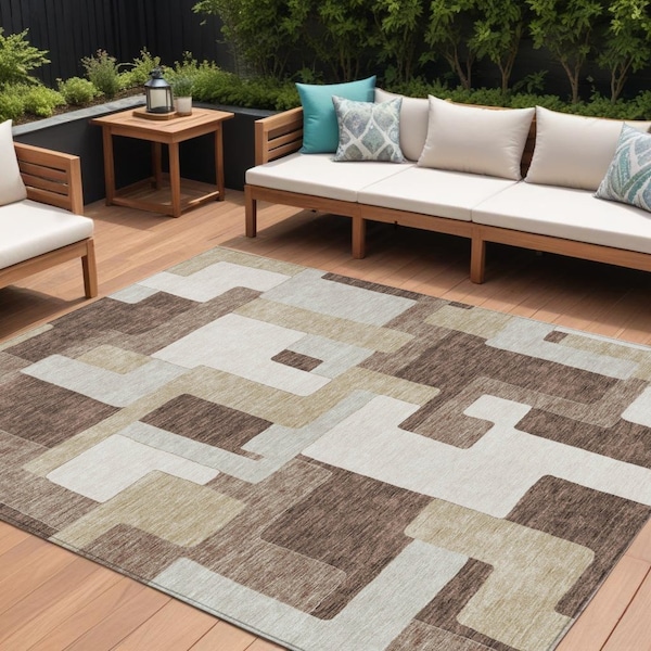 Homeroots 9' X 12' Brown Ivory And Taupe Geometric Washable Indoor Outdoor Area Rug 613203 - main