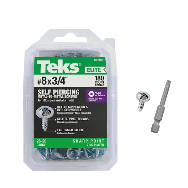 Teks #8 x 3/4 in Metal-to-Metal Screws , Low Profile Head, Star Drive, w/ T-20 Bit, Zinc Plated, 180PK 21300 - main