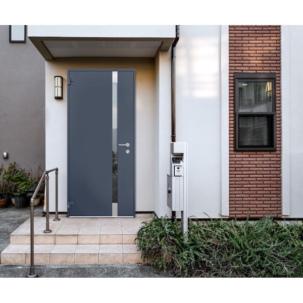 Vdomdoors Steel Door Cynex 6777 Grey Stainless Inserts Single Modern Painted-W32xH80-Left-hand Outswing CYNEX6777EXD-GRE-W32 x H80-Left-hand Outswing - main