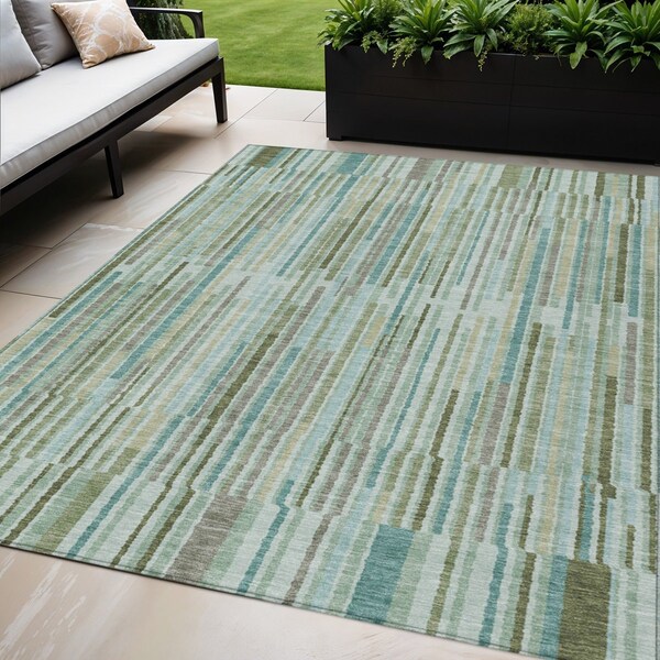 Homeroots 5' X 8' Artichoke Green And Teal Blue Striped Washable Indoor Outdoor Area Rug 631522 - main