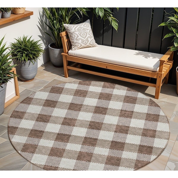 Homeroots 8' Brown And Beige Round Plaid Washable Indoor Outdoor Area Rug 595471 - main