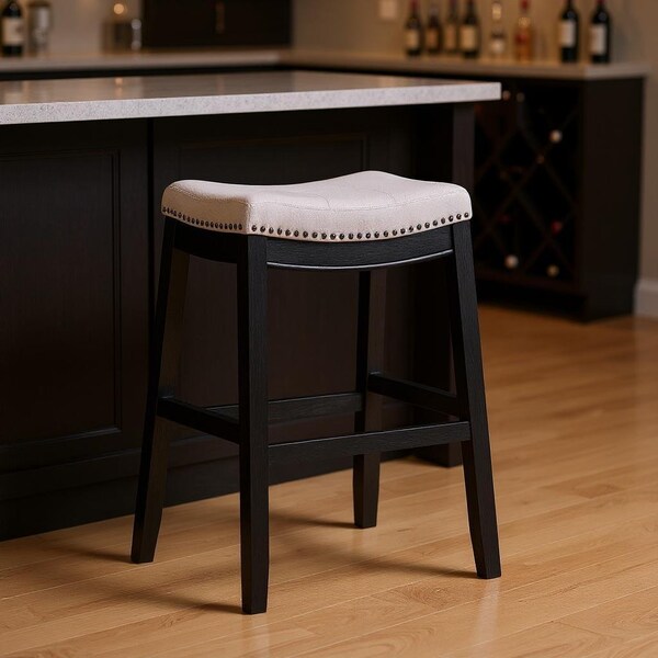 Homeroots 31" White and Black Fabric and Solid Wood Backless Bar Height Bar Chair 632493 - main