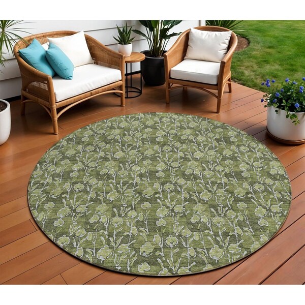 Homeroots 8' Olive Green Artichoke Green And Ivory Round Floral Washable Indoor Outdoor Area Rug 581914 - main