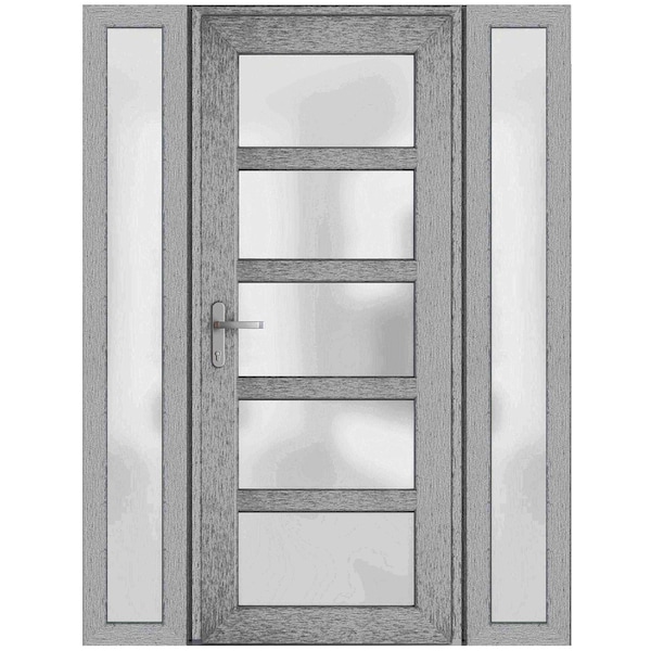 Vdomdoors Front Exterior Prehung FiberGlass Door Frosted Glass / Manux 8002 Grey Ash / 2 Sidelight Exterior W MANUX8002EXD-SS-W14+36+14 x H80-RH - main