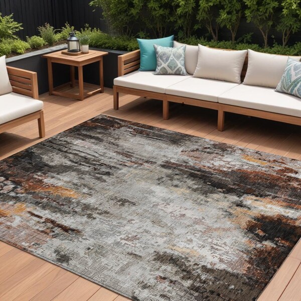 Homeroots 10' X 14' Gray Rust And Ivory Abstract Washable Indoor Outdoor Area Rug 615865 - main