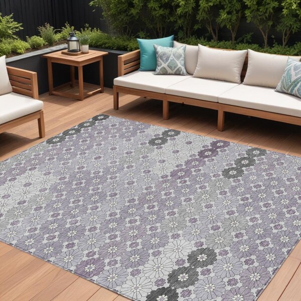 Homeroots 9' X 12' Lavender Gray And Ivory Floral Washable Indoor Outdoor Area Rug 617510 - main
