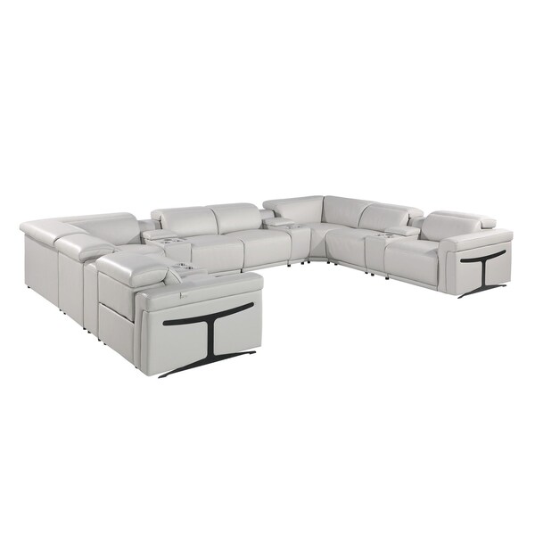 Homeroots Light Gray Italian Leather Power Reclining U Shaped Twelve Piece Sectional With Console 634657 - main