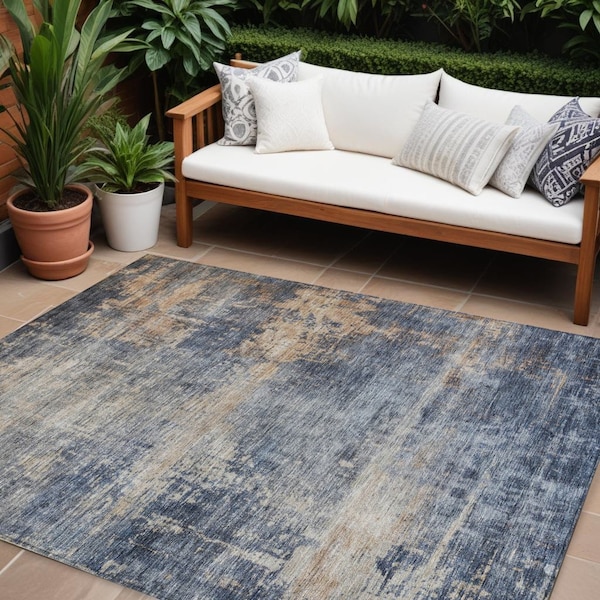 Homeroots 8' X 10' Denim Blue And Tan Abstract Washable Indoor Outdoor Area Rug 606143 - main