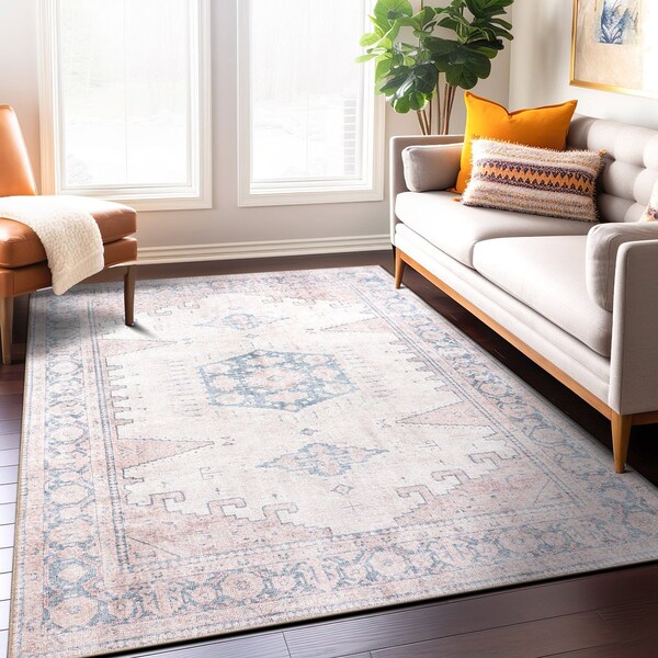 World Rug Gallery Vintage Bohemian Machine Washable Non Slip Area Rug 5 ft x 7 ft Beige 6024BEIGE5X7 - main