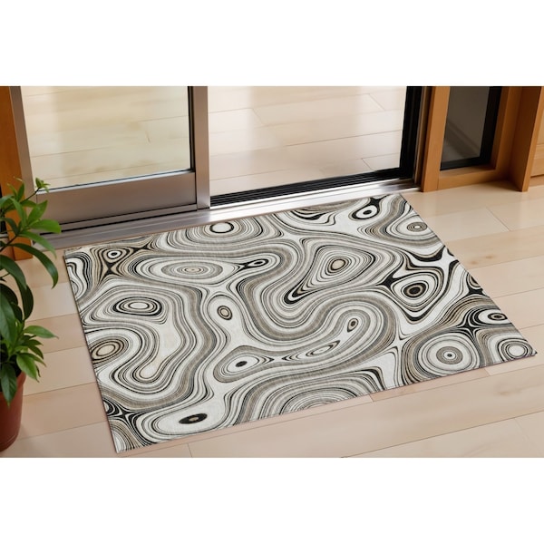Homeroots 3' X 5' Ivory And Charcoal Geometric Washable Indoor Outdoor Area Rug 631389 - main