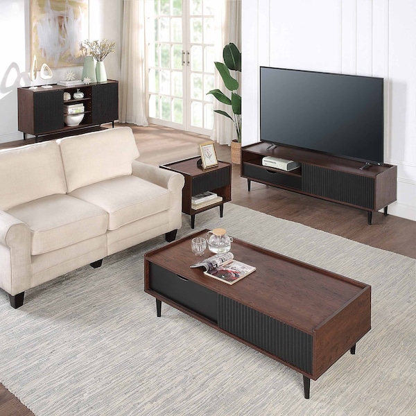 Manhattan Comfort Duane 4 Piece Living Room Set: Sideboard, TV Stand, Coffee Table, Nightstand in Dark Brown and Black 4-8911GLF-BK - main