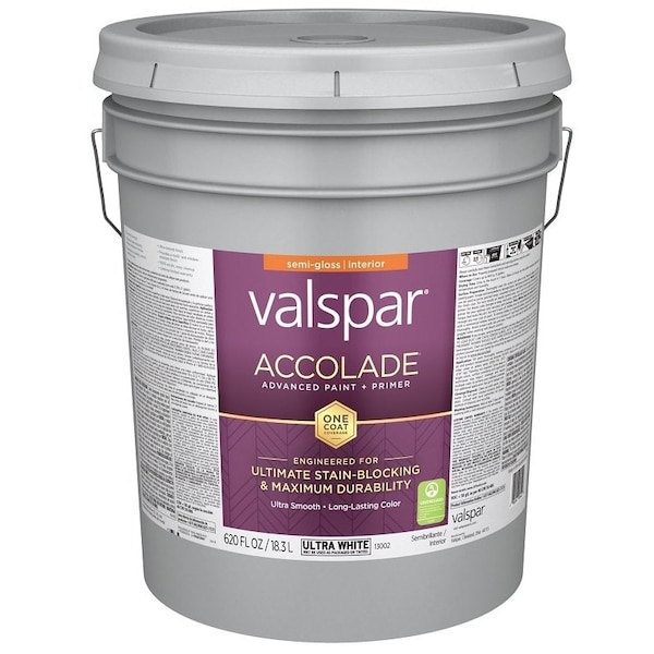 Valspar Accolade 1300 Latex Paint, Acrylic Base, Semi-Gloss, Ultra White, 5 gal, Plastic Pail 028.0013002.008 - main