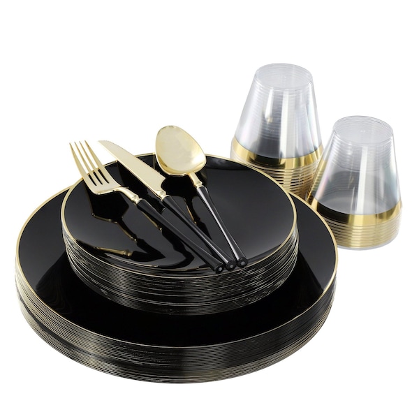Elama 150 Piece Disposable Plastic Dinnerware Party Set for 25 Guests in Black with Gold Trim 750123351M - main