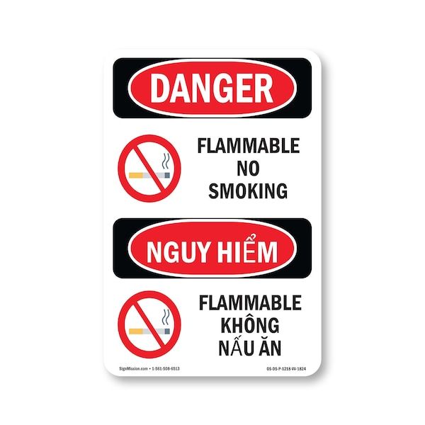 Signmission OSHA Danger Sign, Flammable No Smoking Bilingual, 18in X 12in Rigid Plastic, OS-DS-P-1218-VV-1824 OS-DS-P-1218-VV-1824 - main