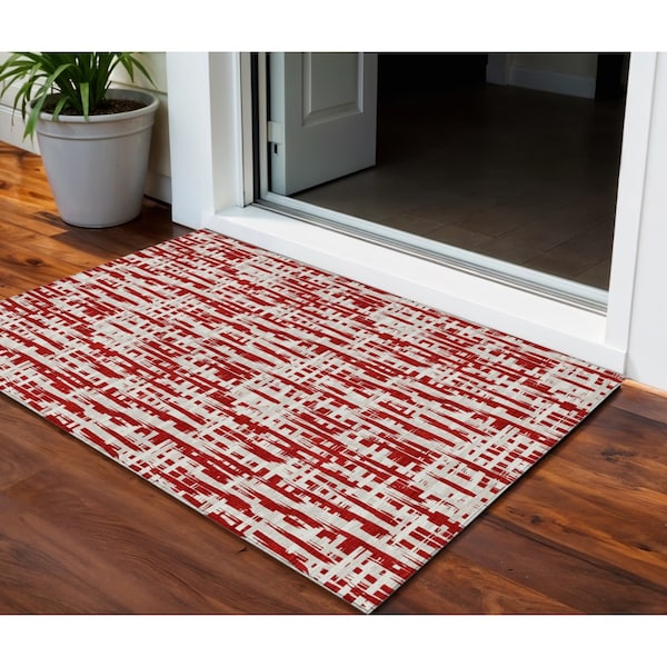 Homeroots 3' X 5' Red And Ivory Abstract Washable Indoor Outdoor Area Rug 602515 - main