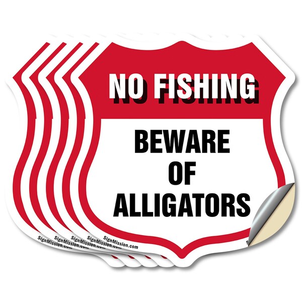 Signmission No Fishing Shield Sign Beware Of Alligat, 4 inch X 4 inch, Vinyl Decal, 5PK SHI-D-5PACK-4-394 - main