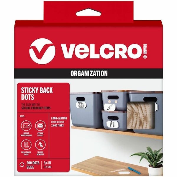 Velcro Brand Reclosable Fastener, Disc, Rubber Adhesive, 3/4 in, Beige, 200 PK 90140 - main