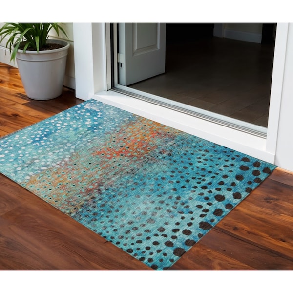 Homeroots 3' X 5' Blue Terra Cotta And Black Abstract Washable Indoor Outdoor Area Rug 603083 - main