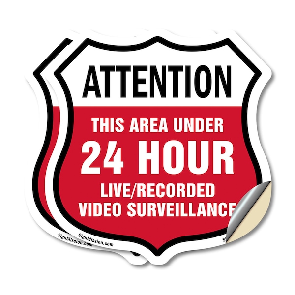 Signmission 24 Hour Surveillance Shield Sign Attenti, 6 inch X 6 inch, Vinyl Decal, 2PK SHI-D-2PACK-6-353 - main