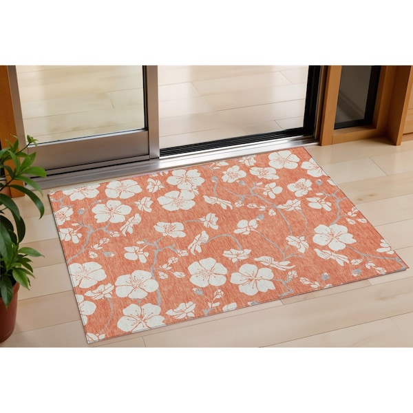 Homeroots 3' X 5' Coral Ivory And Gray Floral Washable Indoor Outdoor Area Rug 599874 - main