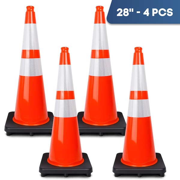 Dsv Standard Traffic Safety Cones 28 in with Heavy Black Base and Reflective Collars 4 PK, Orange, PVC, 4PK 97428 - main