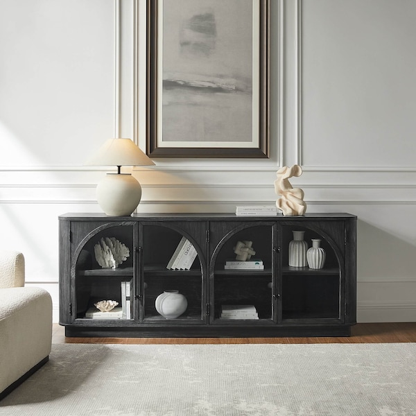 Martin Furniture Modern, Contemporary Wood 80" Console with glass doors, TV Stand, Accent Cabinet, Fully Assembled, Black IMHP380B - main
