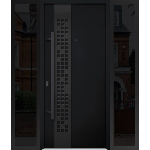 Vdomdoors Steel Door Deux 6078 Black Enamel 2 Sidelight Exterior Windows Sidelites/ Entry Door Painted W14+36 DEUX6078EXD-BLK-W14+36+14 x H80-RH-I - main