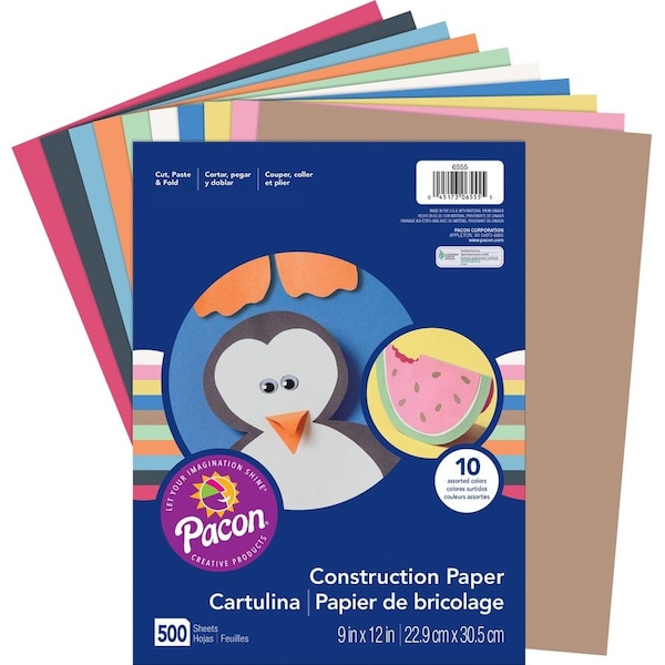 Pacon Rainbow Super Value Construction Paper Ream, 45 lb, 9 x 12, Assorted, 500 Sheets 6555 - main