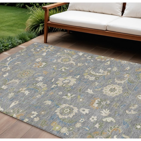 Homeroots 8' X 10' Gray Blue And Green Floral Washable Indoor Outdoor Area Rug 597815 - main