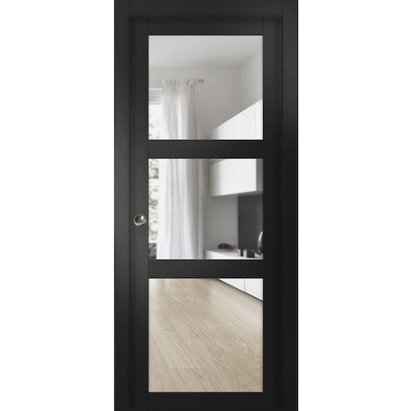 Sartodoors Sliding French Pocket Door with Clear Glass, Lucia 2555 Black Matte, Kit Trims Rail Hardware, Sol LUCIA2555PD-BLK-30 - main