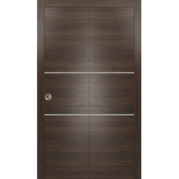 Sartodoors Sliding Closet Bi-fold Doors, Planum 0110 Chocolate Ash and Aluminum Strips, Sturdy Tracks Moldings PLANUM0110BF-CA-84 x 96 (2* 42x96) - main