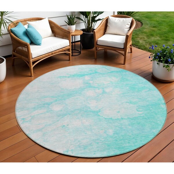 Homeroots 8' Aqua Ivory And Teal Blue Round Abstract Washable Indoor Outdoor Area Rug 582196 - main