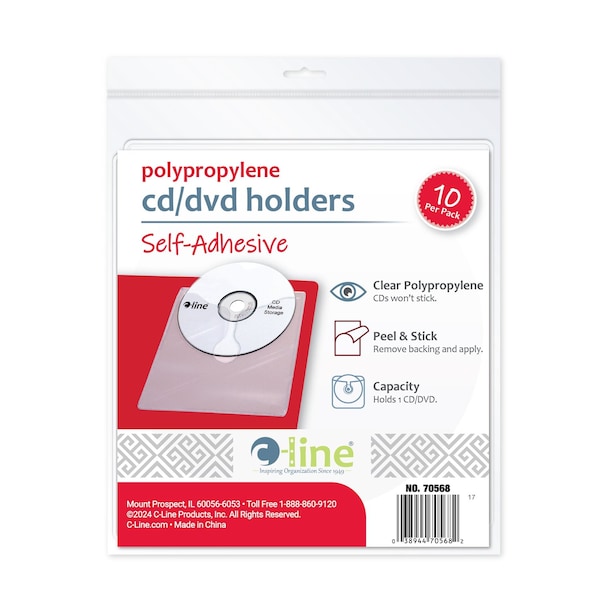 C-Line Products 5-1/3" x 5-2/3" Self-Adhesive CD Holder, 10/PK, 5PK/BX, 5BX/CT 70568-BX - main