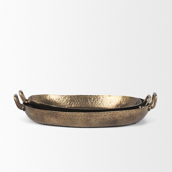 Homeroots Set of Two Gold Oval Metal Handmade Serving Tray With Handles 609097 - main
