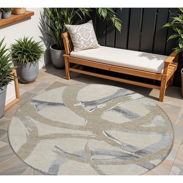 Homeroots 8' Beige Ivory And Gray Round Abstract Washable Indoor Outdoor Area Rug 599102 - main