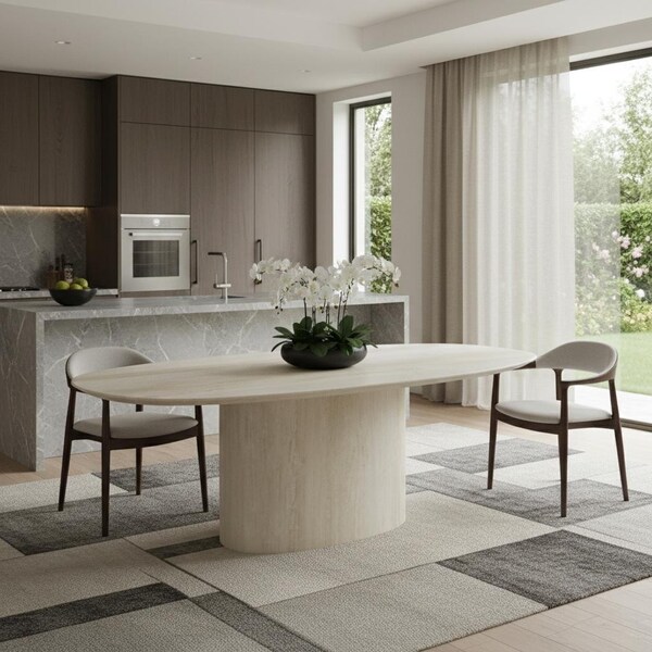 Homeroots 95" Beige Marble Pedestal Base Oval Dining Table 718900 - main