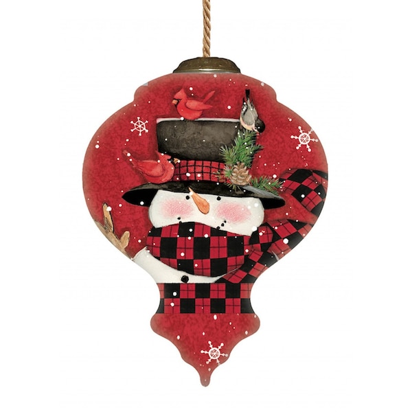 Homeroots Plaid Snowman and Cardinals Hand Painted Mouth Blown Glass Ornament 477497 - main