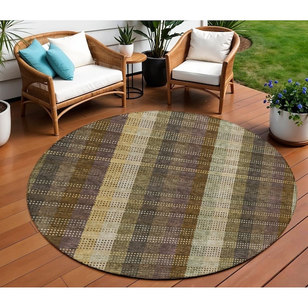 Homeroots 8' Brown Taupe And Plum Round Plaid Washable Indoor Outdoor Area Rug 613959 - main
