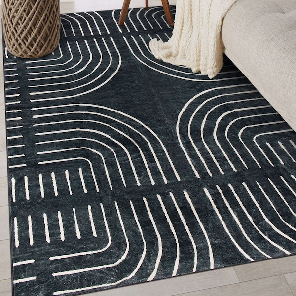 World Rug Gallery Bohemian Lines Washable Non Slips Area Rug 3 ft x 5 ft Black WR72BLACK3X5 - main