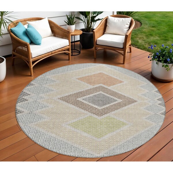 Homeroots 8' Pewter Copper And Silver Round Geometric Washable Indoor Outdoor Area Rug 631923 - main