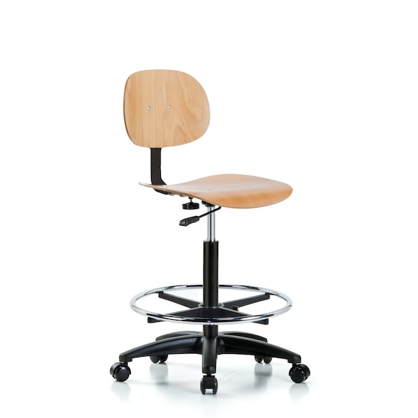 Blue Ridge Ergonomics Chair, Wood, Hi Bench, CF Casters, Wood, Chrome, 21-1/2" to 31-1/4" Seat Height, Rolling BR-WHBCH-RG-CF-RC - main