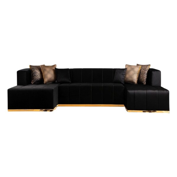 Homeroots Black Velvet U Shaped Three Piece Sofa and Chaise Sectional With Toss Pillows 643877 - main