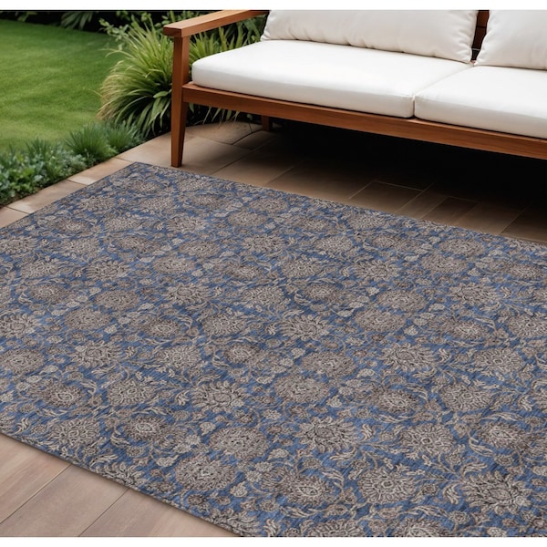 Homeroots 10' X 14' Navy Blue Beige And Taupe Floral Washable Indoor Outdoor Area Rug 582295 - main