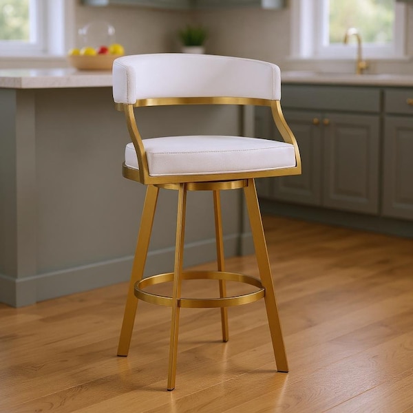 Homeroots 26" White and Gold Faux Leather and Stainless Steel Low Back Counter Height Swivel Bar Chair 569174 - main