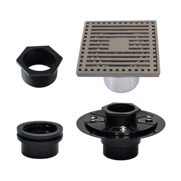 Kingston Brass 4" Brass Square Grid Shower Drain with Hair Strainer and Base Flange, Brushed Nickel BSFK4464BN - main